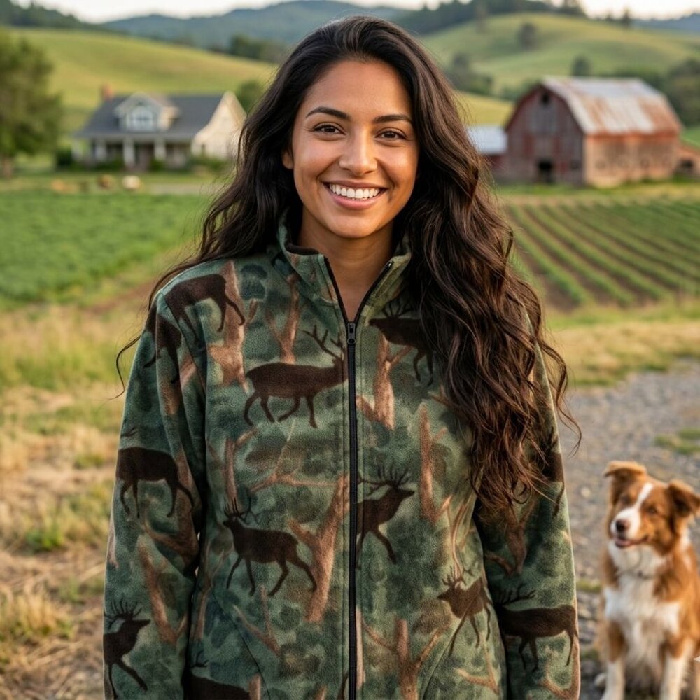 ZooFleece Green Elk Deer Camouflage Camo Trees Sweater Hunting Jacket M-2X